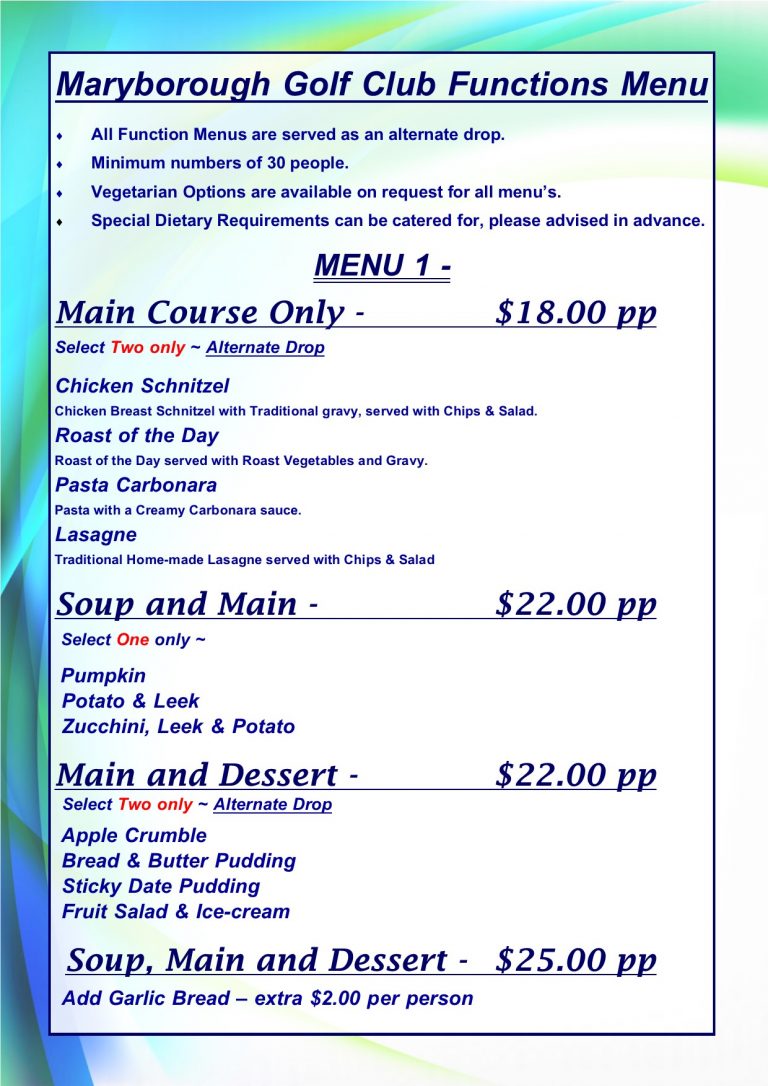 functionsmenus Maryborough Golf Club Lawn Bowls & Bistro